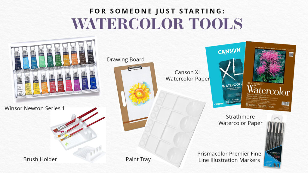 The Mercy Creates recommended watercolor tools and supplies for someone who is new to watercolor painting.
