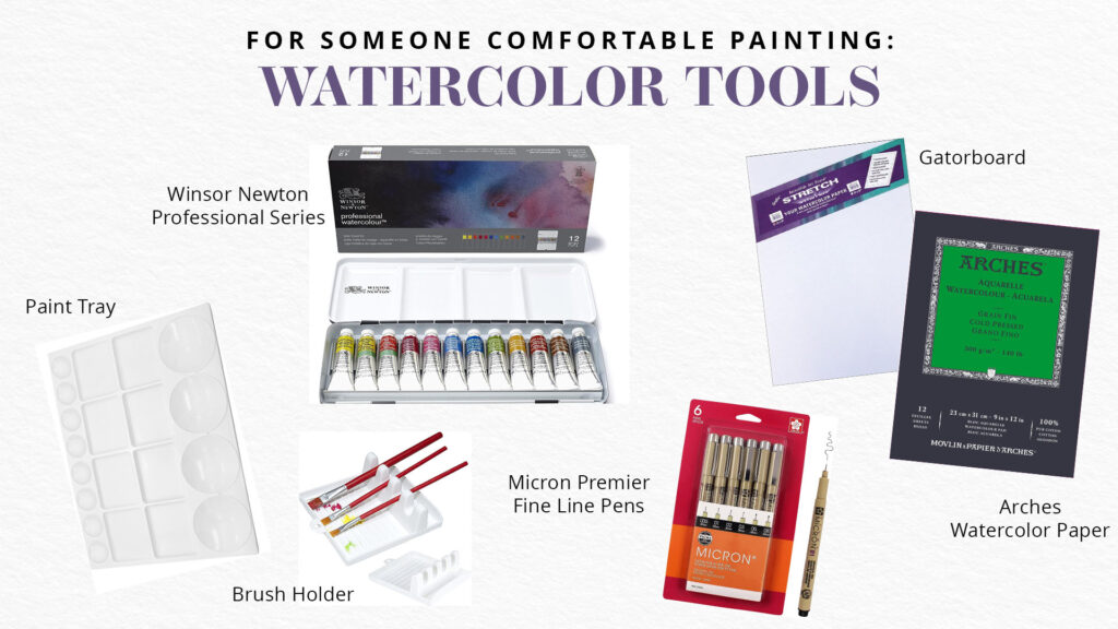 The Mercy Creates recommended watercolor tools and supplies for someone who is comfortable painting.