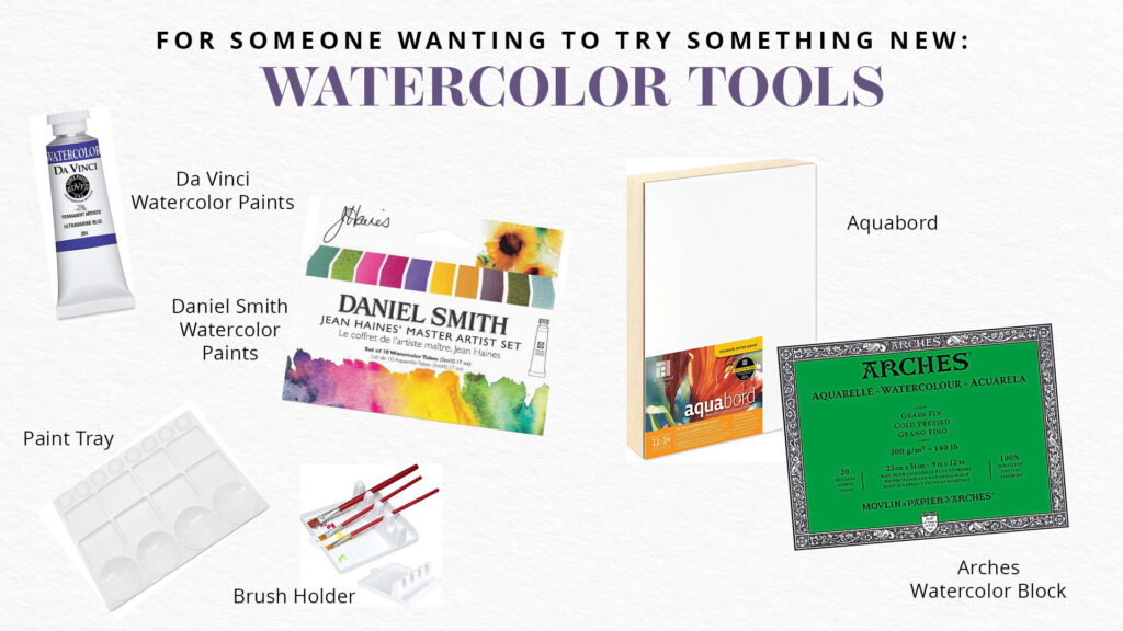 The Mercy Creates recommended watercolor tools and supplies for someone wanting to try something new.