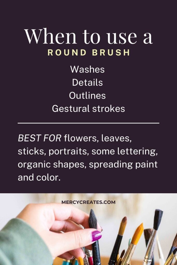 Graphic showing when to use round watercolor brushes and what subject matter to paint